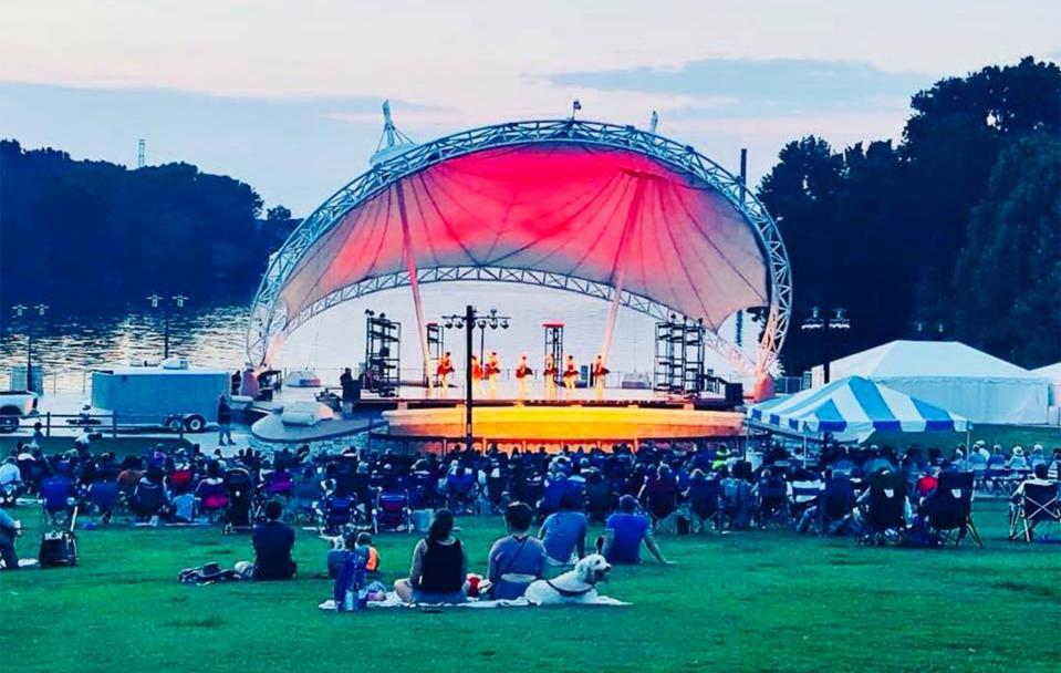 Guests can gather on the lawn in front of Riverwalk Amphitheater for Starts On The Riverfront.