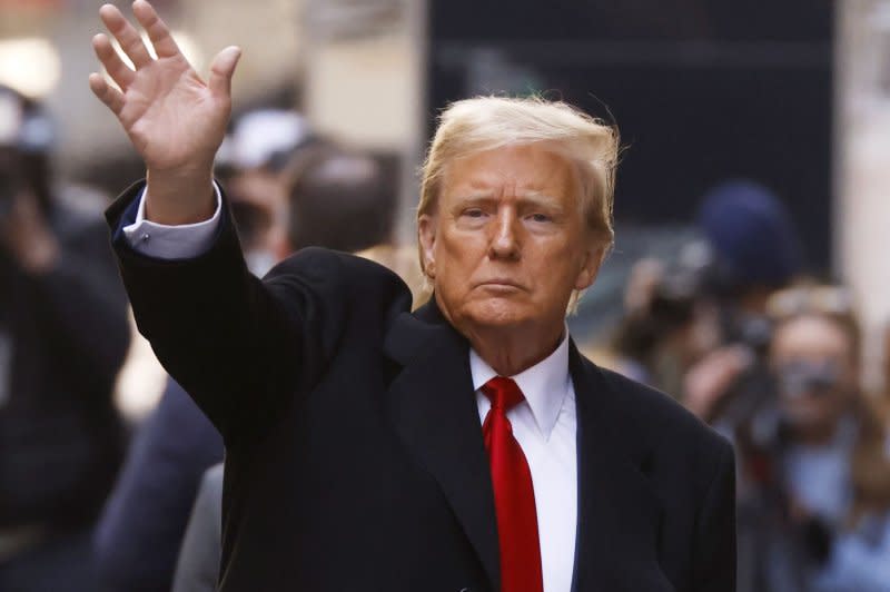 Former U.S. President Donald Trump departs 40 Wall Street after holding a press conference on the day of a hearing in his hush money criminal case at Manhattan Criminal Court in New York City on Monday. Photo by John Angelillo/UPI