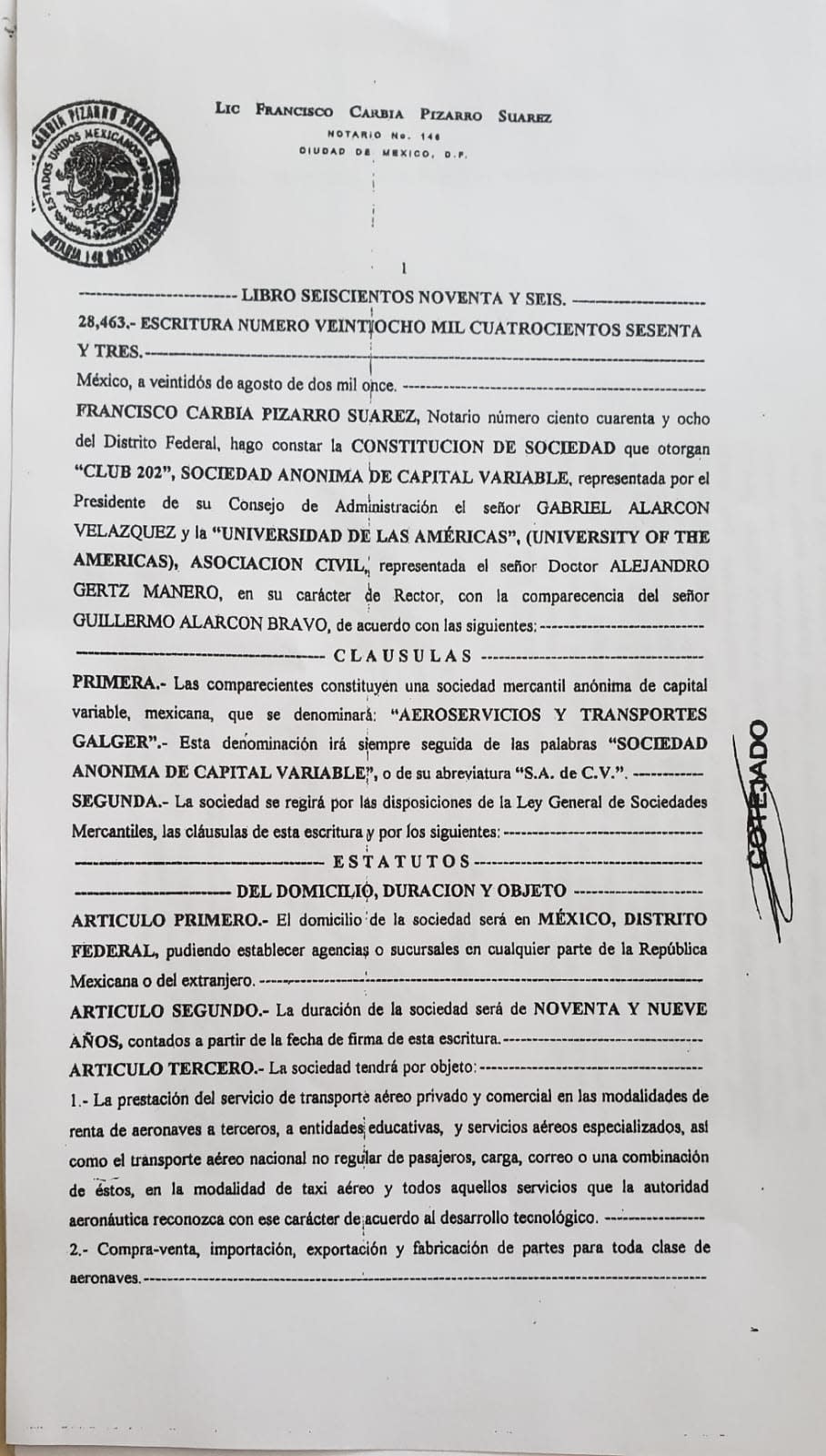 Acta notarial que vincula a Gabriel Alarcón Velázquez com socio del actual fiscal Alejandro Gertz.