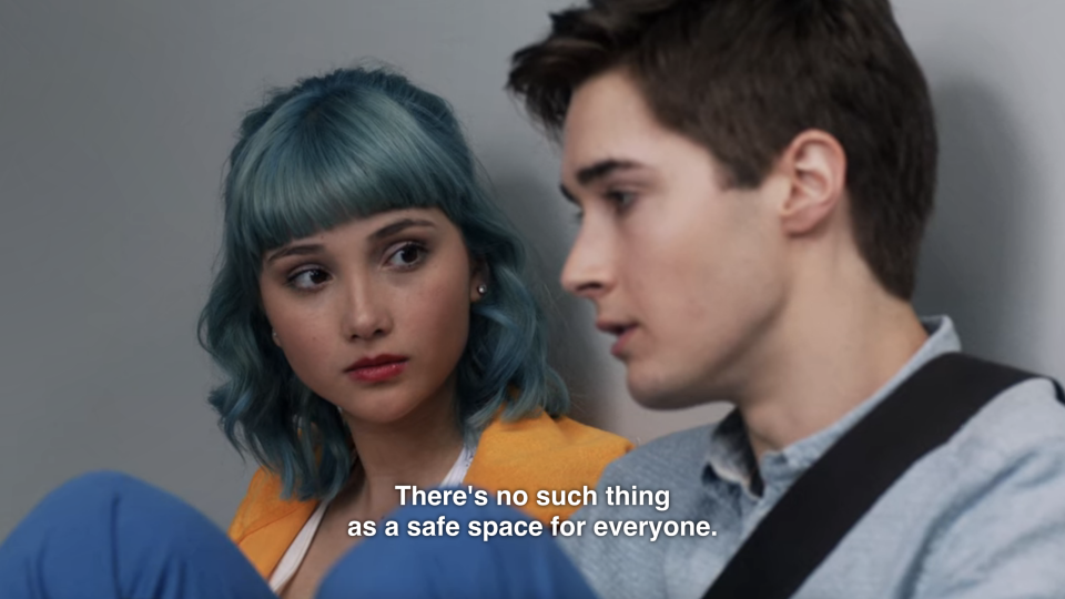 characters sitting together and one saying, there's no such thing as a safe space for everyone