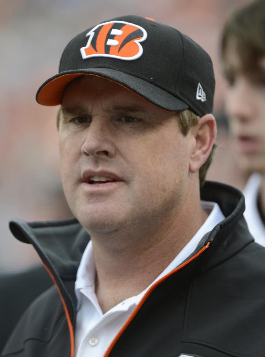 FILE - In this Nov. 11, 2012, file photo, Cincinnati Bengals offensive coordinator Jay Gruden stands on the sidelines during an NFL football game against the New York Giants, in Cincinnati. Jay Gruden has agreed to become the head coach of the Washington Redskins. The Redskins confirmed Thursday, Jan. 9, 2014, that Gruden has accepted the job and will be introduced at an afternoon news conference. (AP Photo/Michael Keating, File)