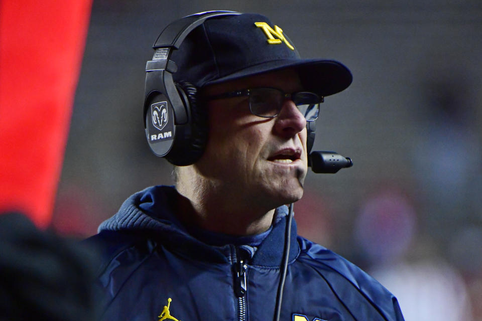 Michigan coach Jim Harbaugh’s play-calling resulted an inexcusable end to the first half vs. Indiana. (Photo by Corey Perrine/Getty Images)