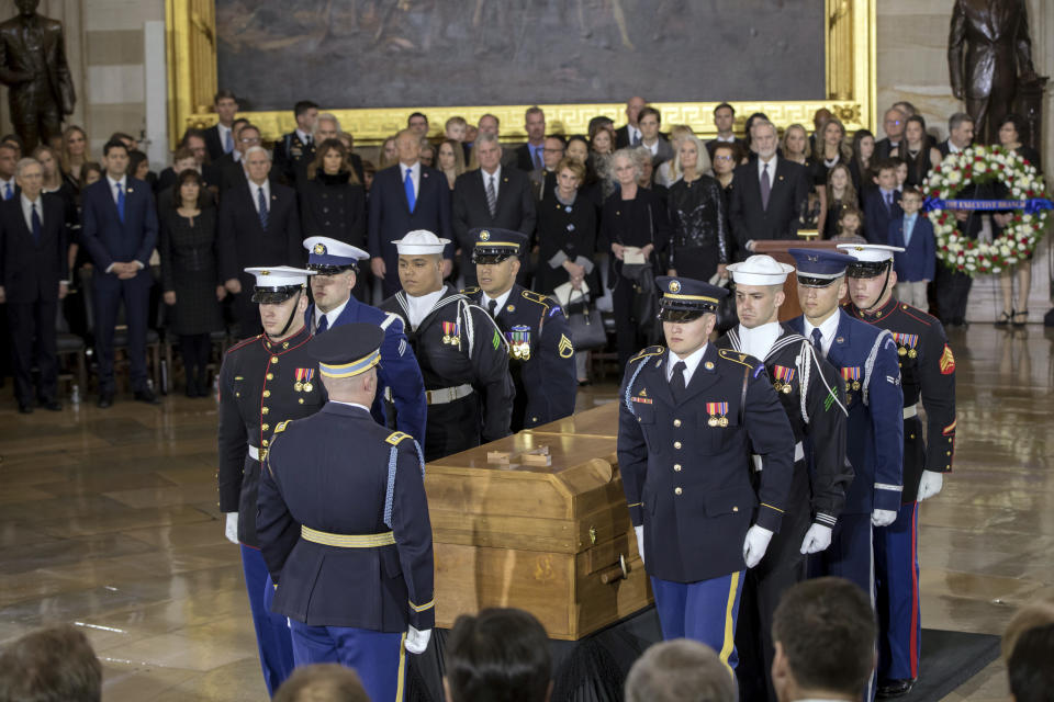 <p>The body of Rev. Billy Graham, who died last week at age 99, is carried into the Capitol Rotunda where he will lie in honor as President Donald Trump, officials and dignitaries pay tribute to America’s most famous evangelist, Wednesday, Feb. 28, 2018, in Washington. (AP Photo: J. Scott Applewhite/AP) </p>