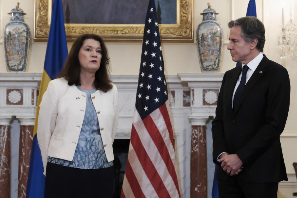 Secretary of State Antony Blinken meets with Sweden's Foreign Minister Ann Linde at the State Dept., Wednesday, May 4, 2022 in Washington. (Michael A. McCoy/Pool photo via AP)