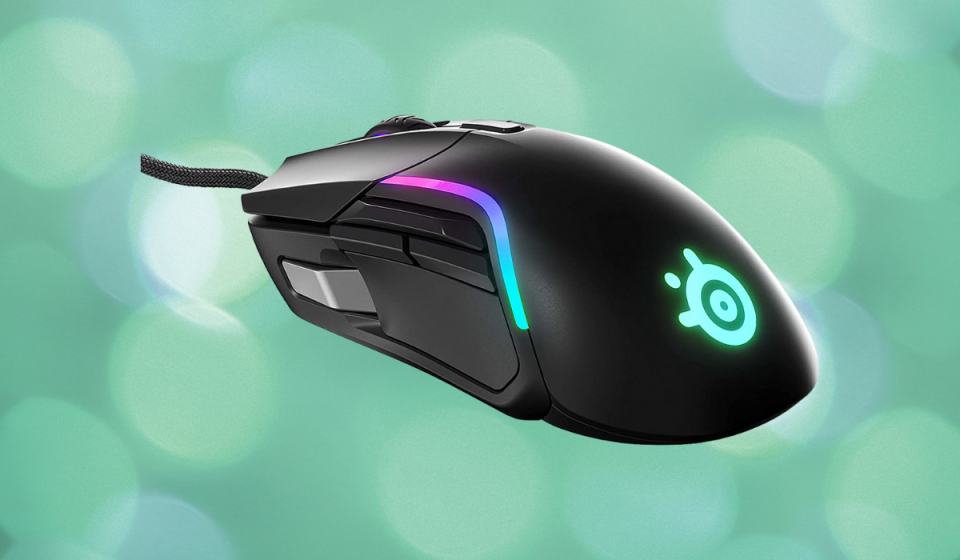 Side view of this black mouse shows multiple buttons visible along with colored detail illuminating from the side and bottom end.