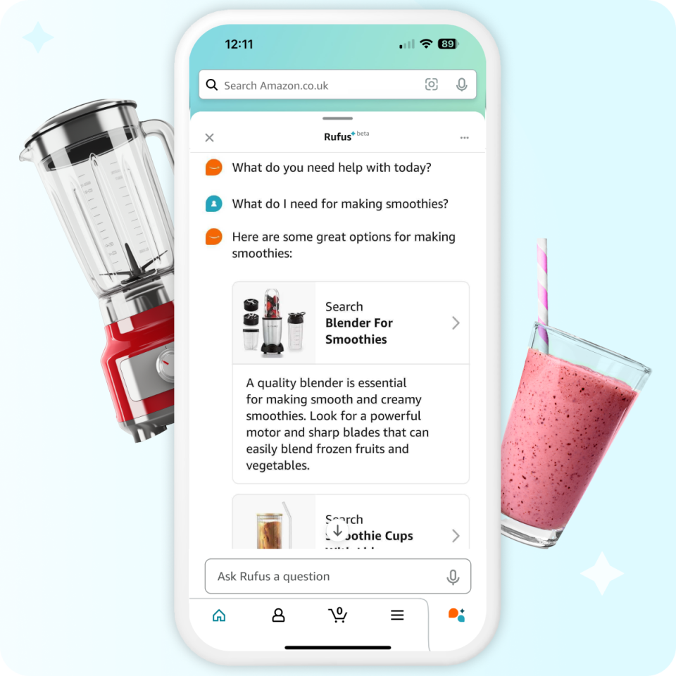 A screenshot of Amazon's new AI-powered shopping assistant chatbot, Rufus