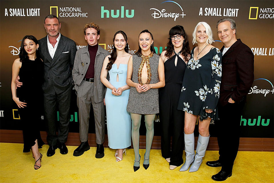 Billie Boullet, Liev Schreiber, Laurie Kynaston, Ashley Brooke, Bel Powley, Susanna Fogel, Joan Rater and Tony Phelan attend the premiere of National Geographic's A Small Light at Alice Tully Hall, Lincoln Center on April 25, 2023 in New York City.