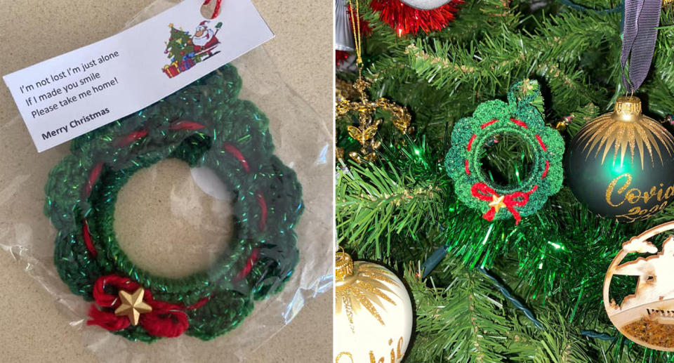 Hand-made Christmas wreath with note. 