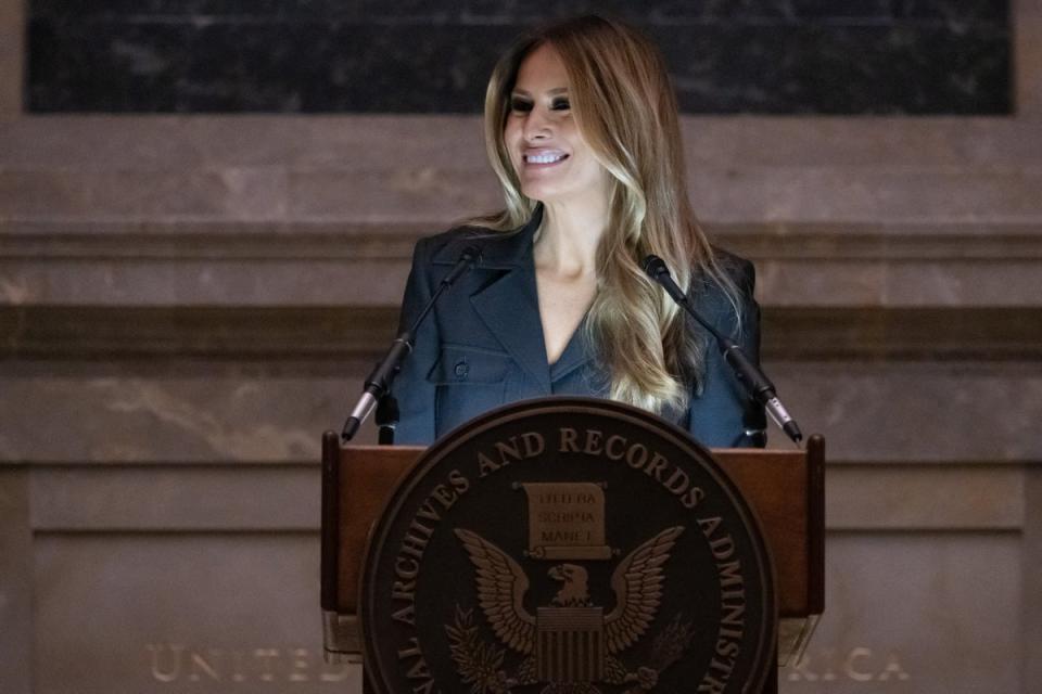 Former US first lady Melania Trump during a rare public speaking engagement at the National Archives in Washington DC on 15 December 2023 (AFP/Getty)