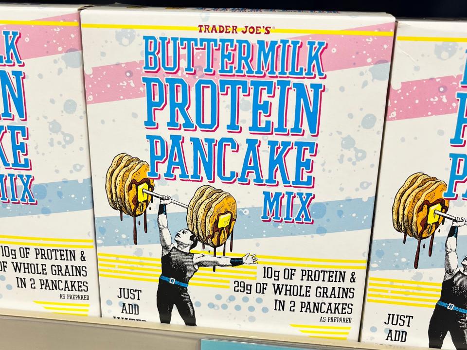 Boxes of Trader Joe's buttermilk protein-pancake mix.