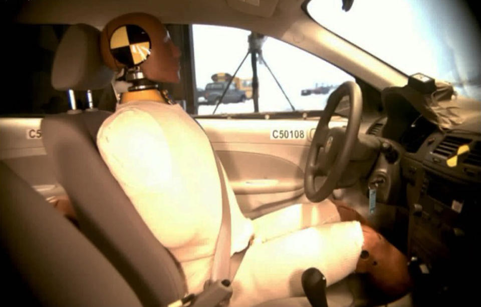 This undated image taken from video shows the National Highway Traffic Safety Administration ( NHTSA) crash test of a 2005 General Motors Cobalt. For years, the U.S. government’s auto safety watchdog sent form letters to worried owners of the Chevrolet Cobalt and other General Motors small cars, saying it didn’t have enough information about problems with unexpected stalling to establish a trend or open an investigation, however an Associated Press review released Friday, March, 28, 2014, of complaints to the National Highway Traffic Safety Administration shows that over a nine-year period, 164 drivers reported that their 2005-2007 Chevrolet Cobalts stalled without warning (AP Photo/NHTSA)