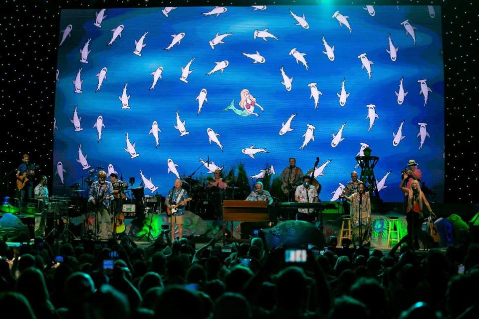 Jimmy Buffett and his Coral Reefer Band perform “Fins” during their concert at the iTHINK Financial Amphitheatre in West Palm Beach, Florida on Thursday, December 9, 2021.