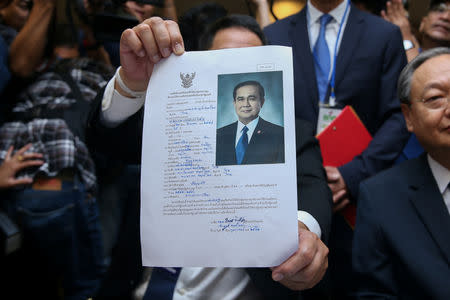 FILE PHOTO: The application form of candidate for prime minister, filled out by Thailand's Prime Minister Prayuth Chan-ocha, is seen at the election commission office in Bangkok, Thailand February 8, 2019. REUTERS/Athit Perawongmetha/File Photo