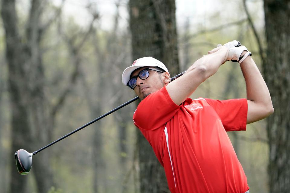 Shiv Manhas of Parsippany hits a tee shot during the Morris County Golf Tournament at Flanders Valley Golf Course on Tuesday, May 3, 2022.