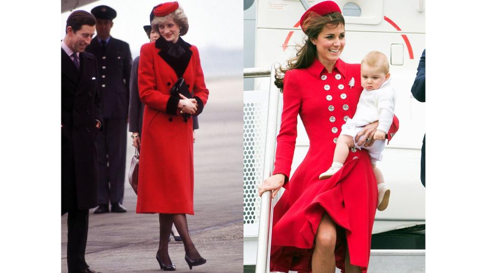 <p>Diana arrives at Birmingham Airport in Catherine Walker, 1984. Kate and Prince George arrive at Wellington Airport in New Zealand for the beginning of the royal tour in 2014.</p>