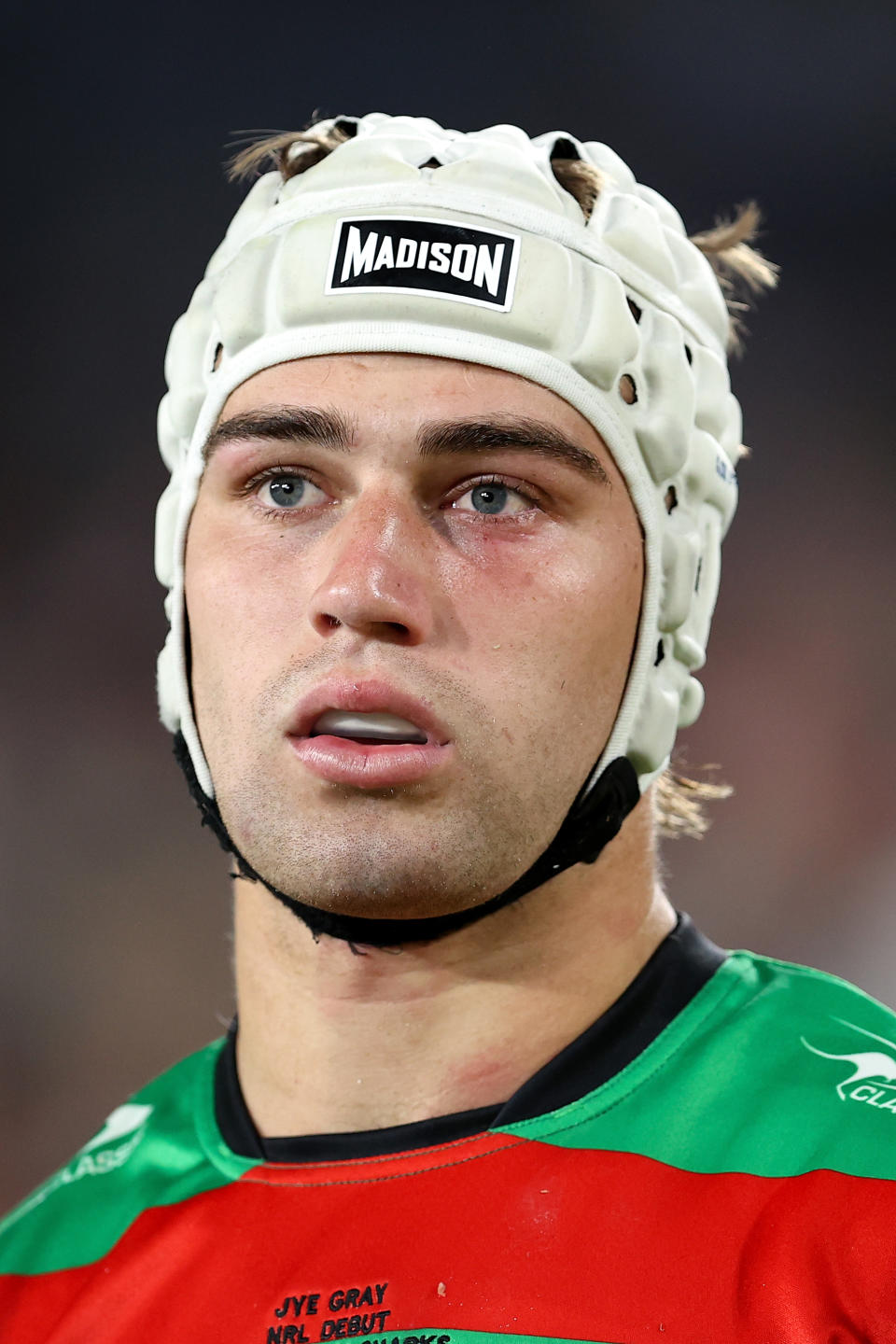 SYDNEY, AUSTRALIA - APRIL 13: Jye Gray of the Rabbitohs looks on during the round six NRL match between South Sydney Rabbitohs and Cronulla Sharks at Accor Stadium, on April 13, 2024, in Sydney, Australia. (Photo by Brendon Thorne/Getty Images)