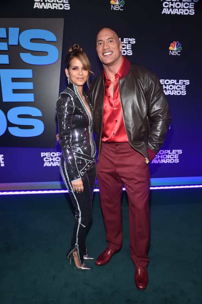 Halle Berry and Dwayne Johnson pose at the 2021 People’s Choice Awards held at the Barker Hangar, Santa Monica, Calif., on Dec. 7, 2021. - Credit: Alberto Rodriguez/NBCUniversal