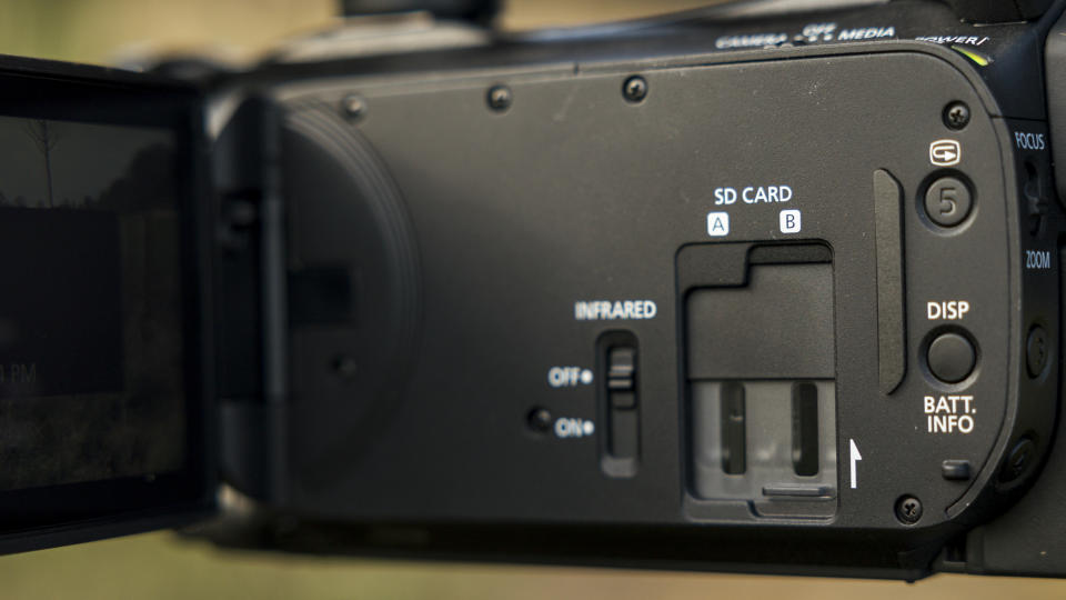 The dual SD card slots on the Canon XA65 camcorder