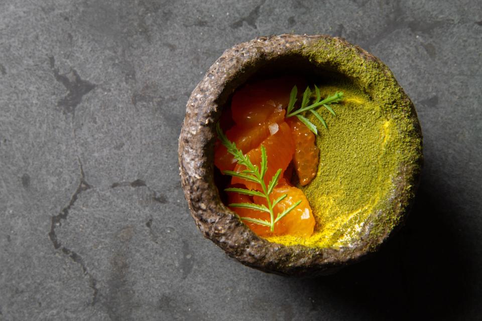 Mandarin peel "ice cream" with fresh mandarin and bee balm from Albena, an eight-seat tasting counter inside Detroit's Siren Hotel.