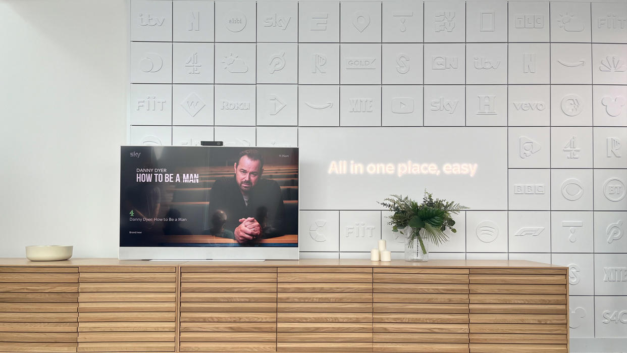  A Sky Glass TV sits on a bench with a plant next to it. 