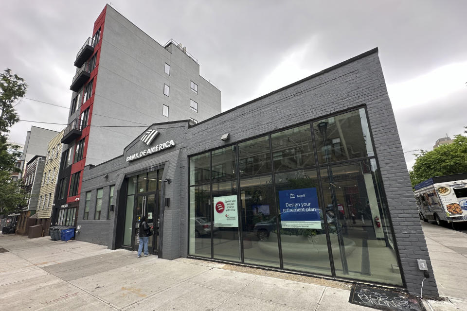 A Bank of American branch in the Williamsburg section in Brooklyn, New York, is shown on Thursday, May 16, 2024. The branch was previously used as a studio space for a sculptor. The clean, airy branch features sculptures by the artist who was previously in the space, as well as additional art from around the neighborhood. (AP Photo/Peter Morgan)