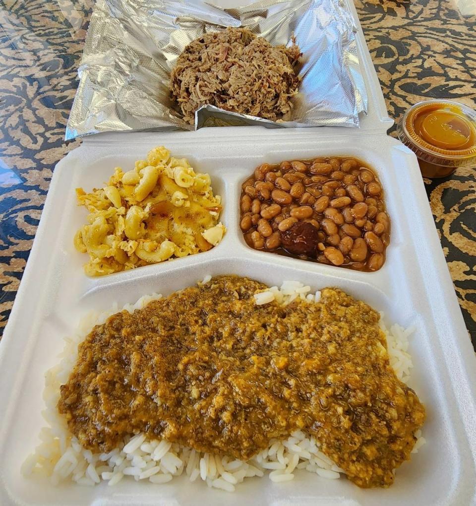 A plate with hash and rice at True BBQ in West Columbia, SC.