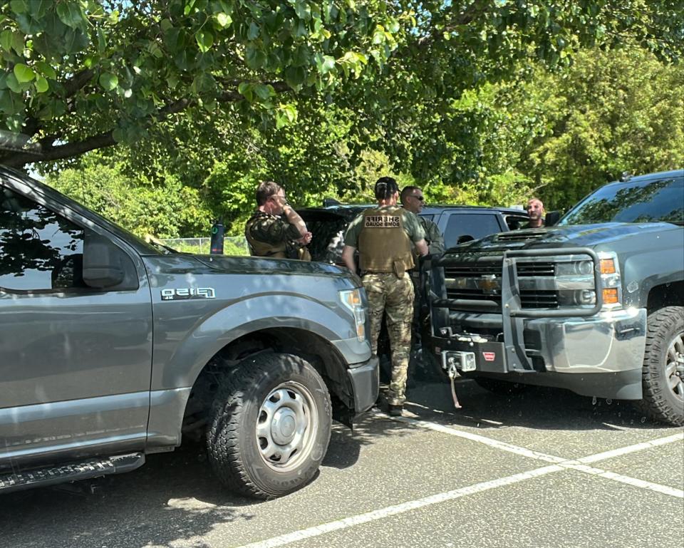 Prior to a stop by Florida Gov. Ron DeSantis, the Spartanburg County Sheriff's Office bomb squad is shown before a pre-event sweep at First Baptist Church-North, Wednesday, April 19, 2023.