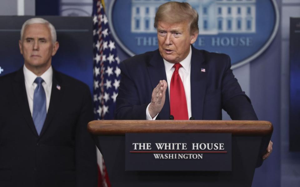 Donald Trump speaks during a press briefing with members of the coronavirus task force - Oliver Contreras/POOL/EPA-EFE/Shutterstock