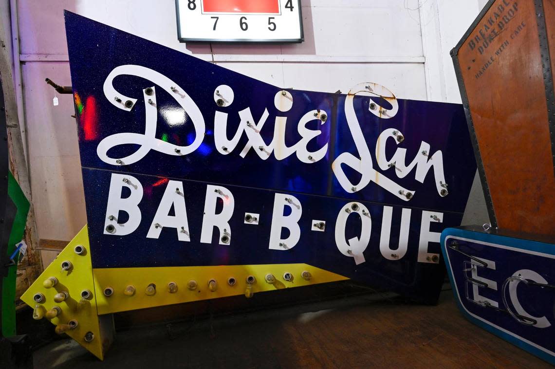 A neon sign for Dixie Lan Bar-B-Que is stored at Element Ten, a neon studio on Troost Avenue. The sign was brought to the studio about five years ago by the city after hanging in the Historic 18th and Vine Jazz District for nearly 70 years.