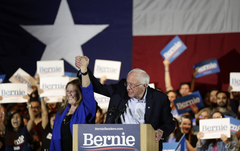 Democratic presidential candidate Sen. Bernie Sanders, I-Vt., right, with his wife Jane, speaks during a campaign event in San Antonio, Saturday, Feb. 22, 2020. (AP Photo/Eric Gay)