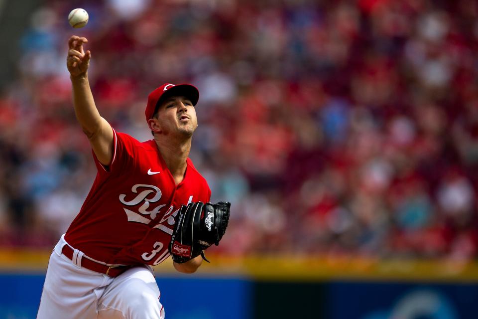 Cincinnati Reds starting pitcher Tyler Mahle (30) throws a pitch in the first inning of the MLB game between the Cincinnati Reds and the Washington Nationals at Great American Ball Park in Cincinnati, Saturday, June 4, 2022.