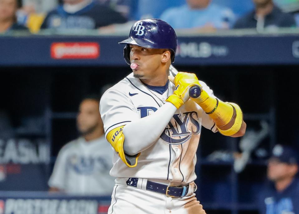 Tampa Bay Rays shortstop Wander Franco (5) blows a bubble while waiting for a pitch in the seventh inning against the Boston Red Sox during game one of the 2021 ALDS at Tropicana Field.