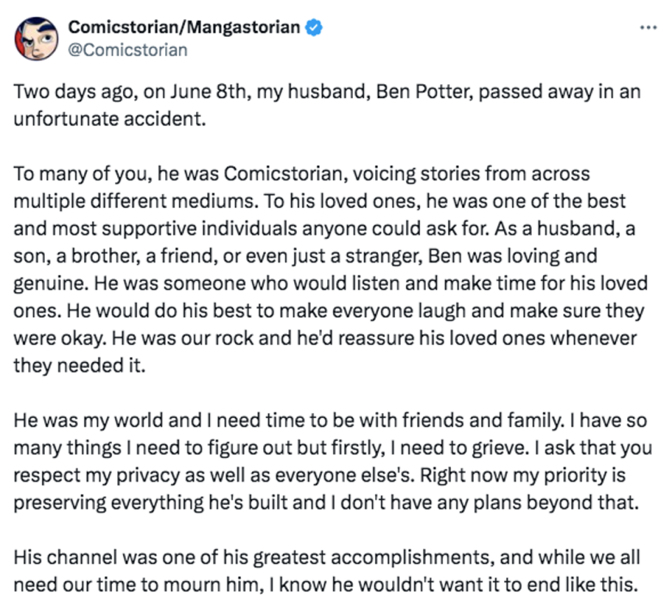 Nathalie Potter’s statement about the death of husband Ben, aka Comicstorian (X / Comicstorian)