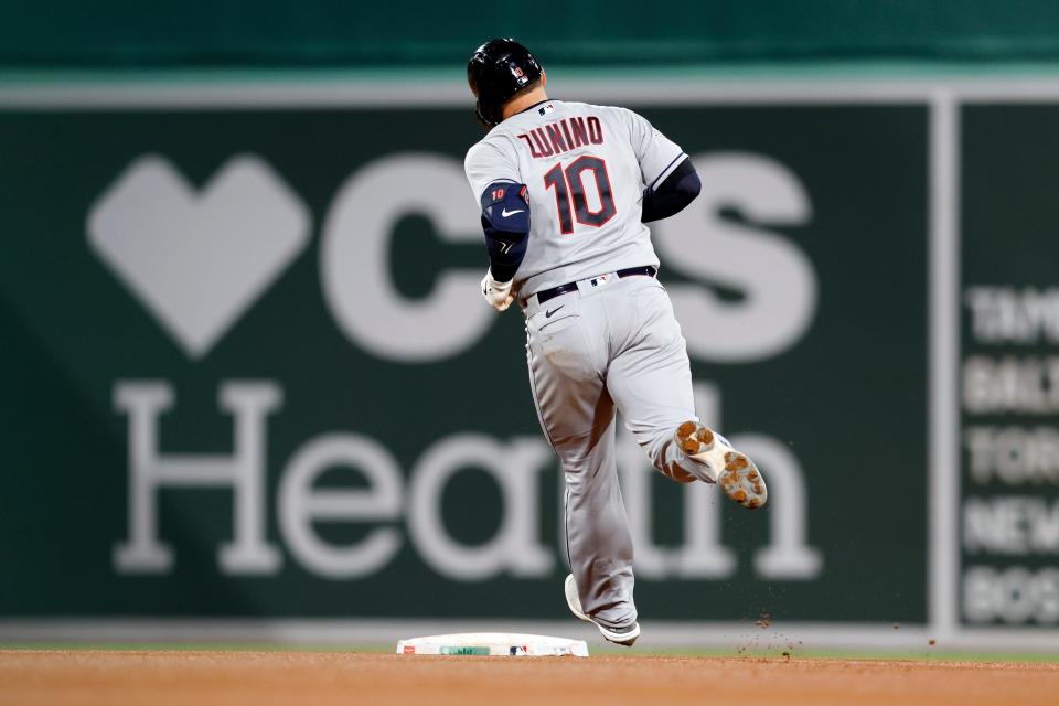 Cleveland Guardians'  Mike Zunino rounds second base on his solo home run during the fourth inning of a baseball game against the Boston Red Sox, Friday, April 28, 2023, in Boston.  (AP Photo/Michael Dwyer)