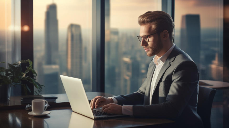 A successful portfolio manager working on a laptop in a large office with a city view, representing the success of the company in the financial sector.