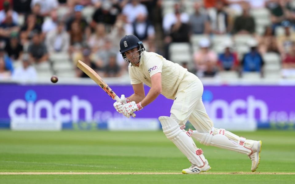 ngland batsman Dom Sibley in batting action during day one of the second Test Match between England and New Zealand - Gareth Copley/ECB via Getty Images