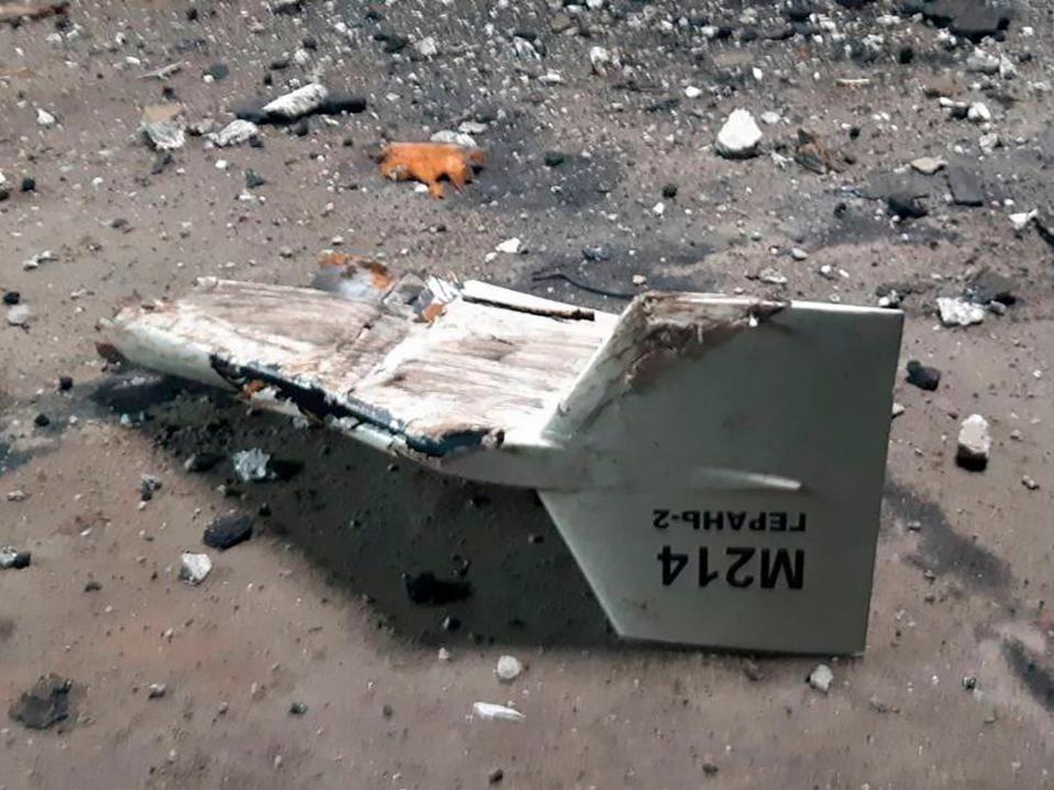 This undated photograph released by the Ukrainian military's Strategic Communications Directorate shows the wreckage of what Kyiv has described as an Iranian Shahed drone downed near Kupiansk, Ukraine.