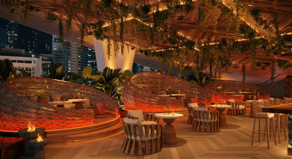 Representación de las mesas de Villa One Tequila Gardens, que se construirá en Miami Worldcenter en 2025.