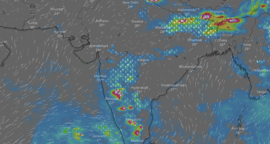 Storms have lashed India's southwest and northeast. Pictured is the forecast overnight. Source: Windy