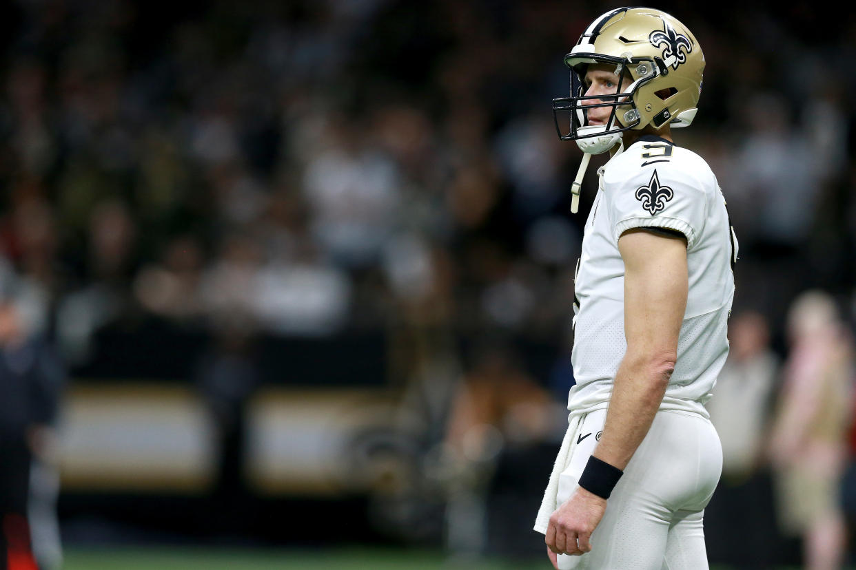 NEW ORLEANS, LOUISIANA - JANUARY 05: Drew Brees #9 of the New Orleans Saints stands on the field during the NFC Wild Card Playoff game against the Minnesota Vikings at Mercedes Benz Superdome on January 05, 2020 in New Orleans, Louisiana. (Photo by Sean Gardner/Getty Images)