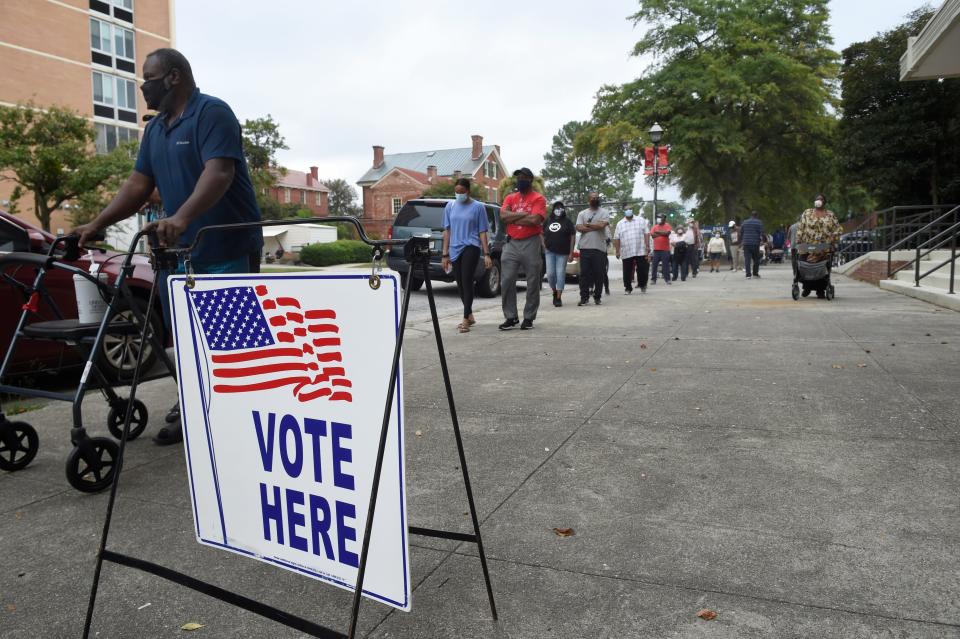 Line for early voting at the Bell Auditorium in Augusta, Ga., on Oct. 12, 2020.