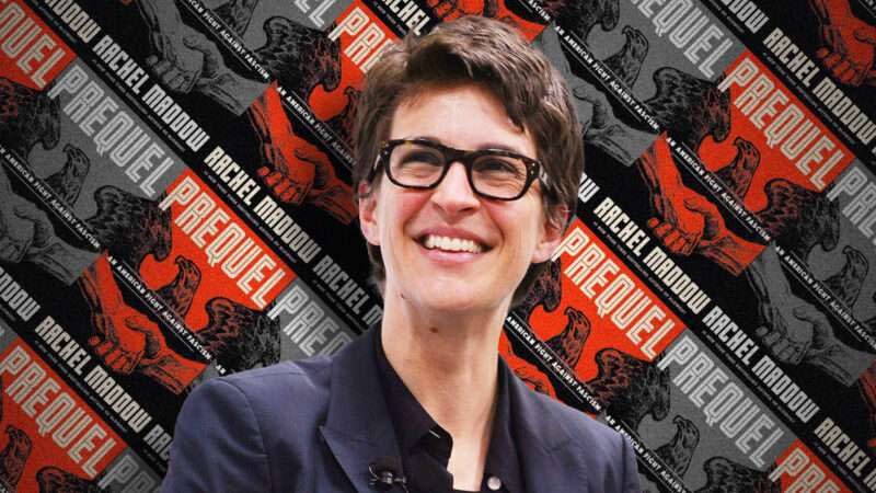 Rachel Maddow with the cover of her book "Prequel" in the background