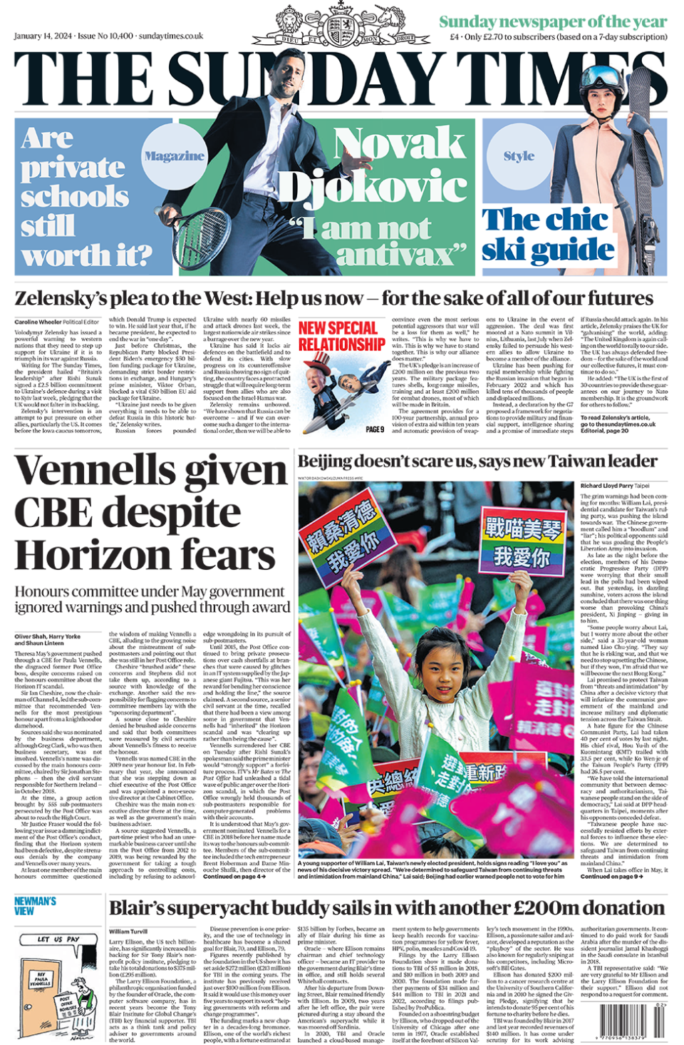 The main headline on the front page of the Sunday Times reads: "Vennells given CBE despite Horizon fears"