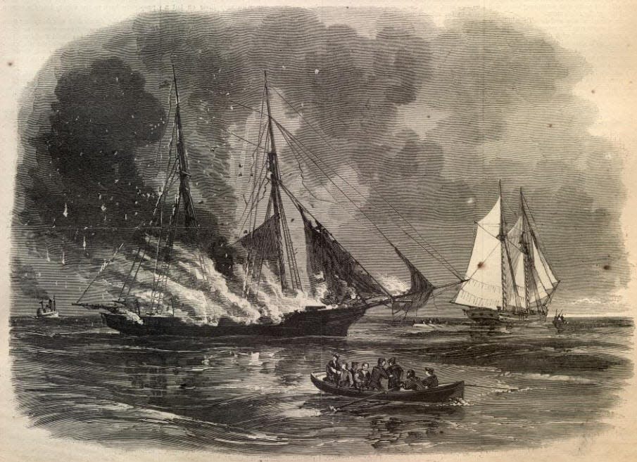 A drawing from the July 11, 1863, edition of Harpers Weekly reads, “An illustration of the explosion of the revenue cutter Caleb Cushing near Portland.”