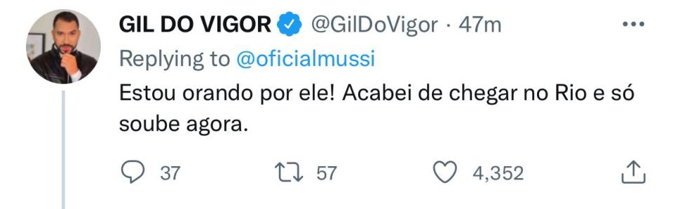Gil do Vigor diz que est&#xe1; orando por Rodrigo Mussi (Foto: reprodu&#xe7;&#xe3;o/Twitter)