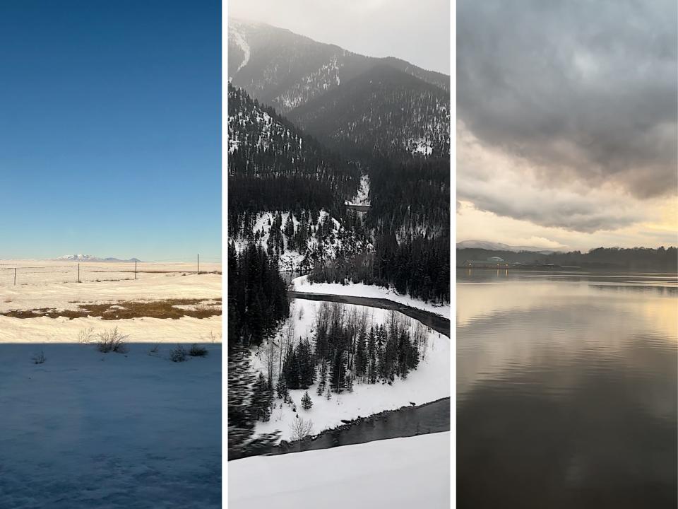 Three side-by-side photos show landscapes including mountains and rivers.