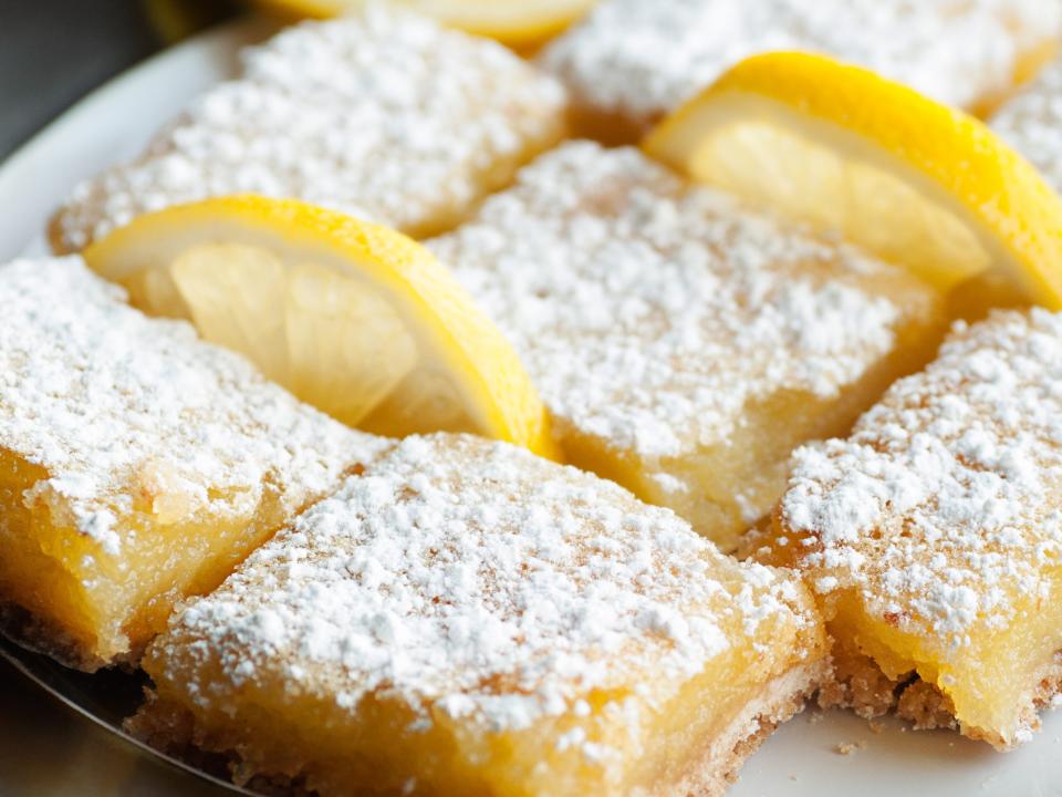 lemon bars with lemon slices on a plate