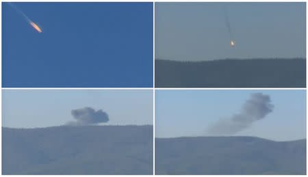 A combination picture taken from video shows a war plane crashing in flames in a mountainous area in northern Syria after it was shot down by Turkish fighter jets near the Turkish-Syrian border November 24, 2015. REUTERS/Reuters TV/Haberturk TV
