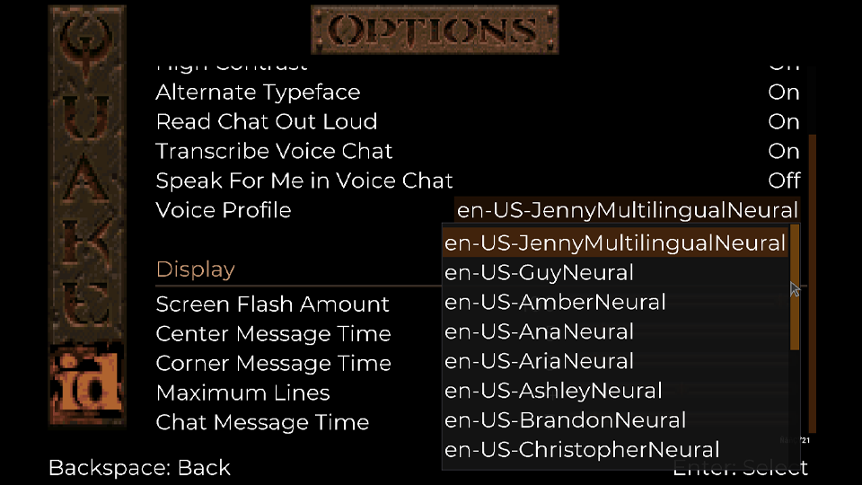 Screenshot of a menu showing options for accessibility and voice synthesis.