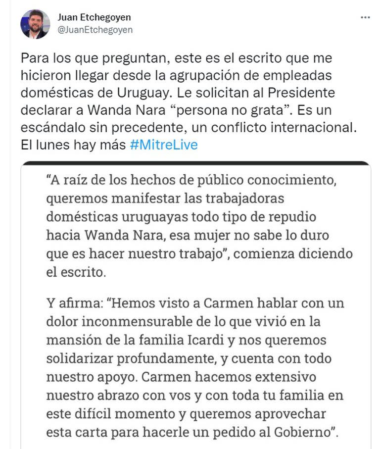 El periodista Juan Etchegoyen compartió el escrito de las empleadas domésticas uruguayas.